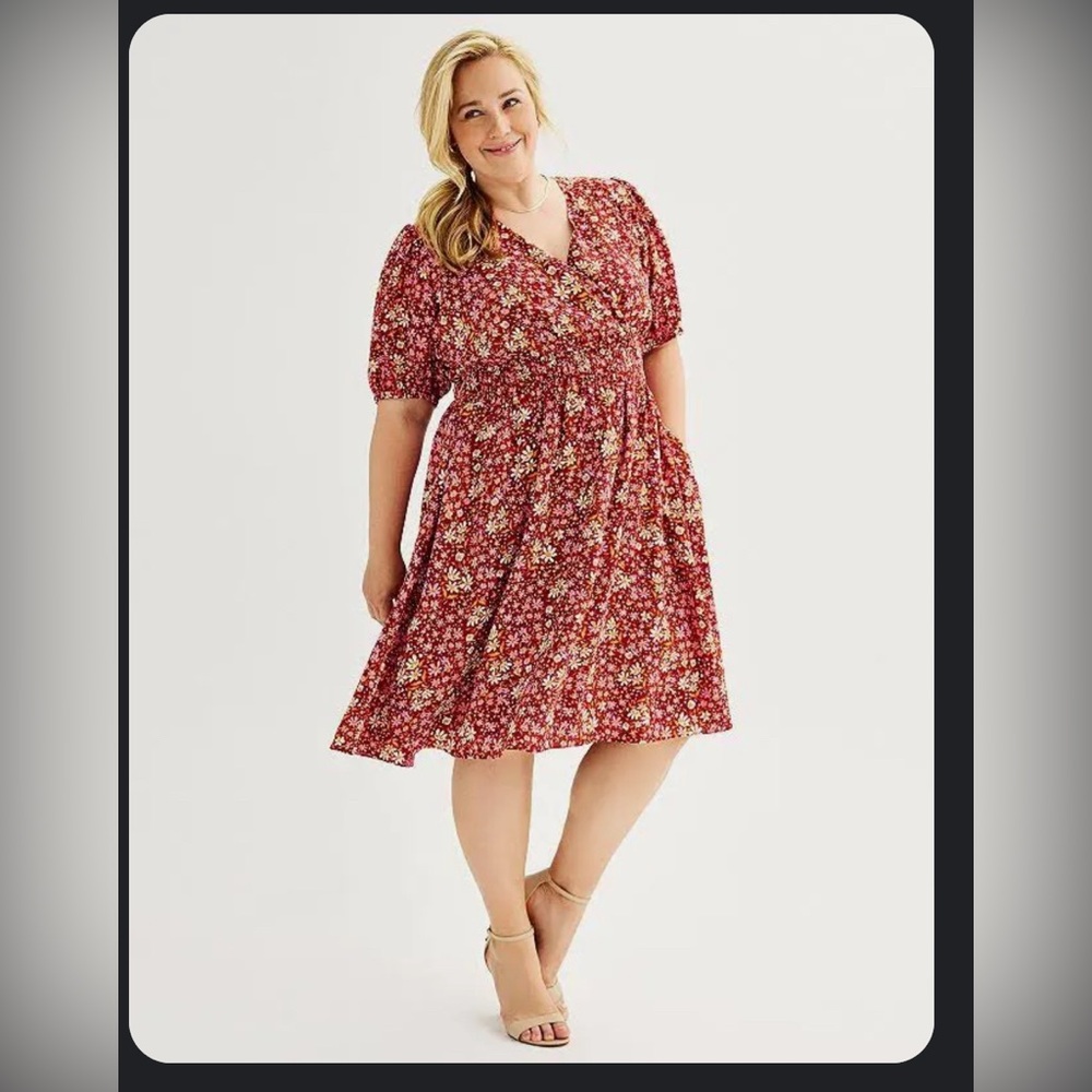 Draper James RSVP Collection Red Floral Knee Length Sun Dress Size 2X.